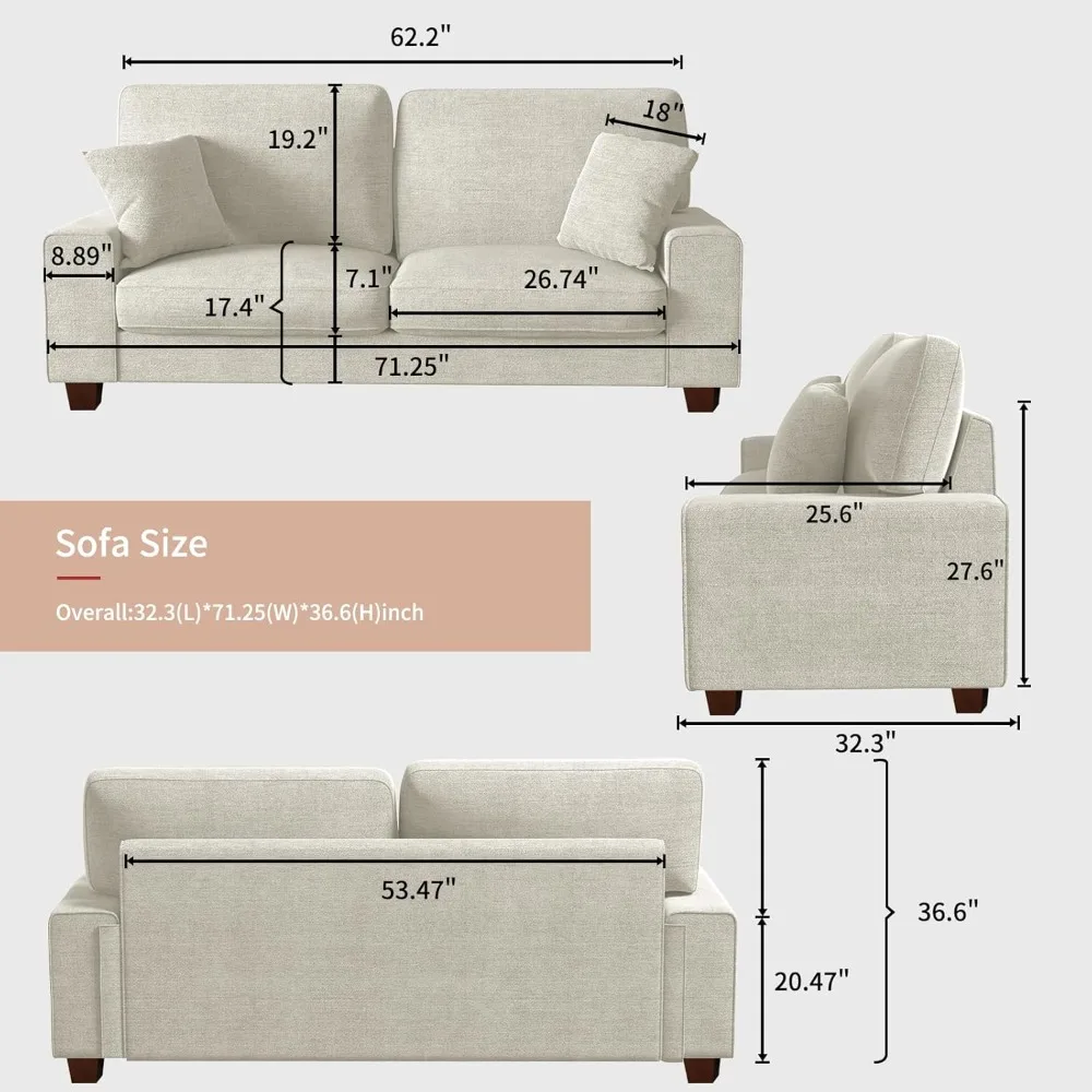 Sofa Small Sofa,loveseat Sofa,Removable Sofa Cover Space Spring Cushions and Solid Wood Frame, Easy to Install (71.25inch，Beige)