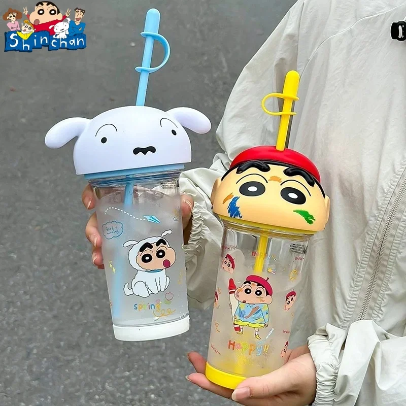 500-600ml Anime Crayon Shin-Chan Cute Big Head Cup Heat-Resistant Plastic Water Cup Large Capacity Portable Straw Cup Gift