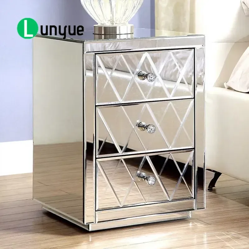 Modern Mirrored Bedside Table with 3 Drawers Nightstand for Bedroom Home Furniture Storage Decor