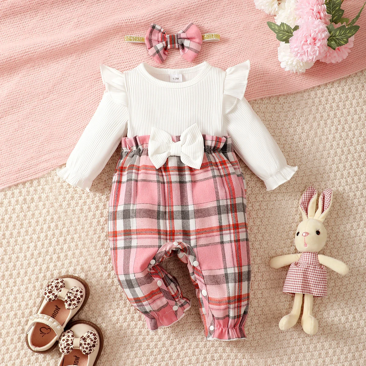 Newborn Baby Girl Spring Autumn Jumpsuit Flying Sleeves Pink Checkered Long-Sleeved Jumpsuit+Headband for 0-18 Months Baby Girl