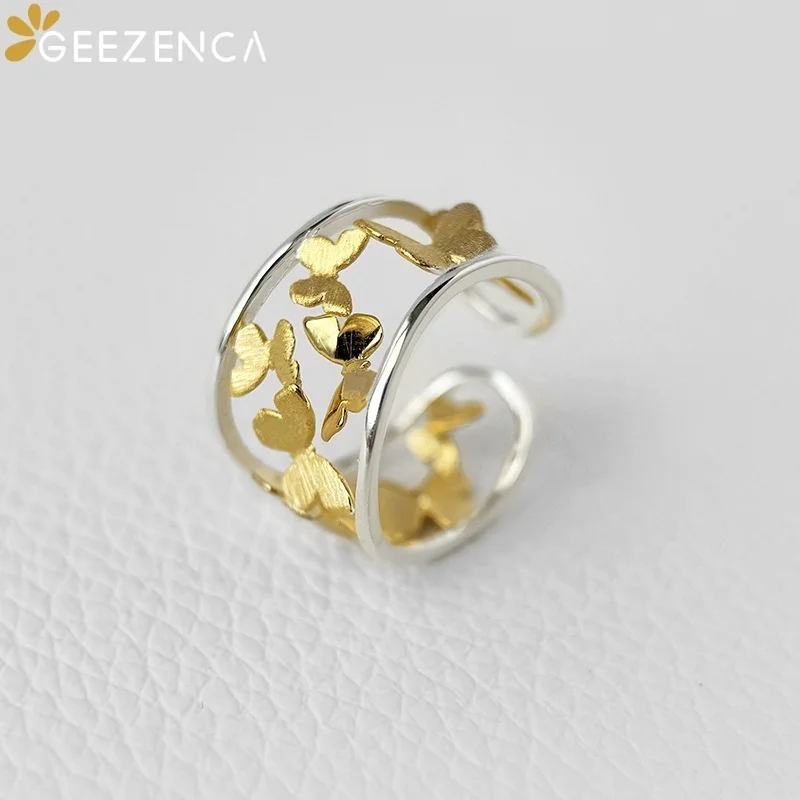 GEEZENCA 925 الفضة نحى اثنين منغم الجوف فراشة قابل للتعديل حلقة مفتوحة للنساء العصرية لذيذ بيان خواتم الحب هدية #3