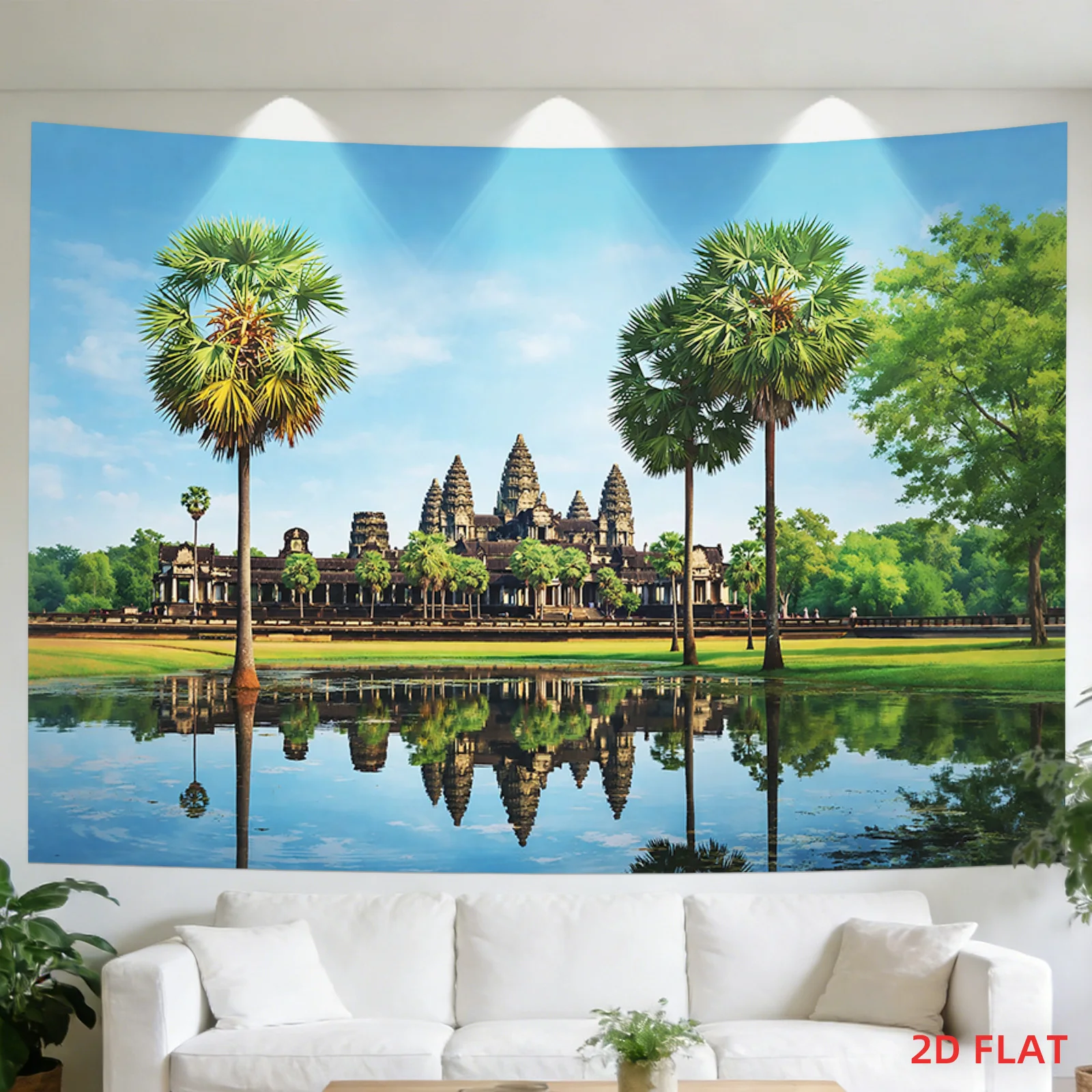 Luxurious Angkor Wat Cambodia Temple Scene Tapestry Wall Hanging Tropical Palm Trees Lagoon Reflection Artwork Home Decor