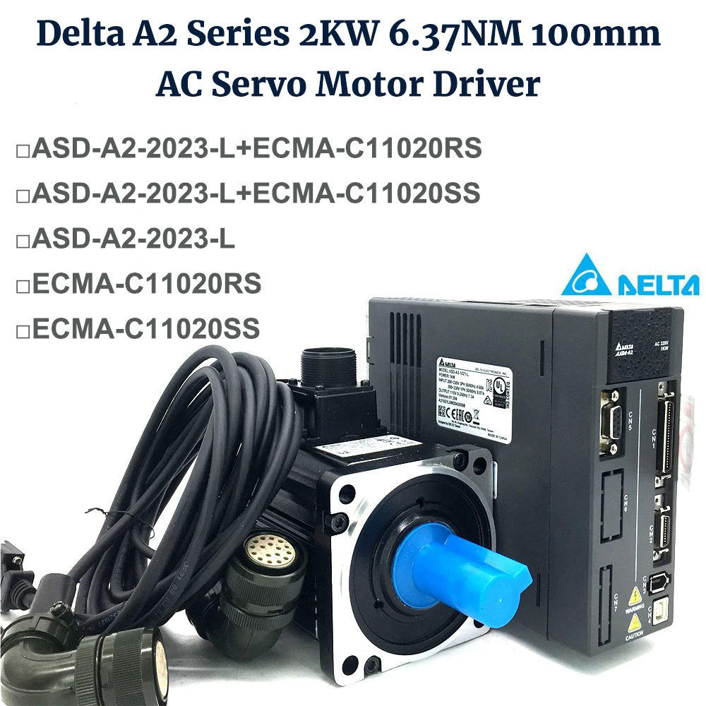 

2KW Delta A2 6.37Nm 100mm Kit AC ASD-A2-2023-L ECMA-C11020RS ECMA-C11020SS Brake Motor 220V 3 Phase Servo Motor Driver 20-bit