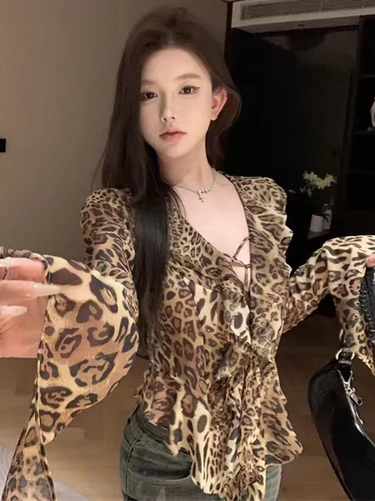 Seksowna bluzka damska z szyfonu w panterkę, vintage, rozkloszowane rękawy, dekolt w serek, codzienna, amerykańska, dopasowana, streetwear, topy damskie Y2k na wiosnę.