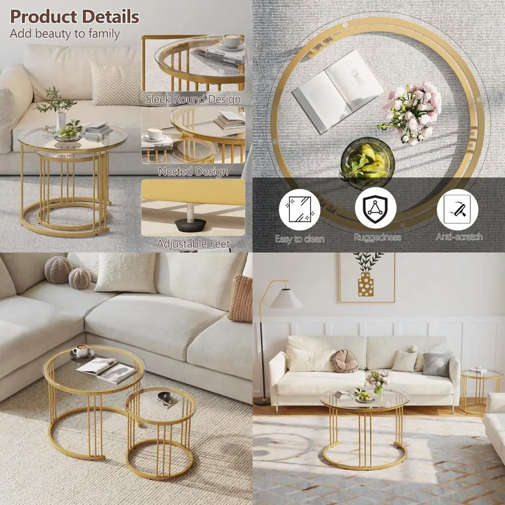 

Round Glass Nesting Coffee Table Set of 2 for Living Room, Bedroom, or Balcony in Gold