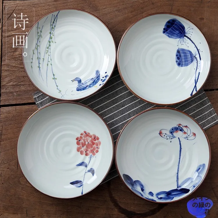 

Оригинальная тарелка с ручной росписью под глазурью, синяя, с изображением лотоса, в китайском стиле, художественная, круглая, плоская, для взрослых.