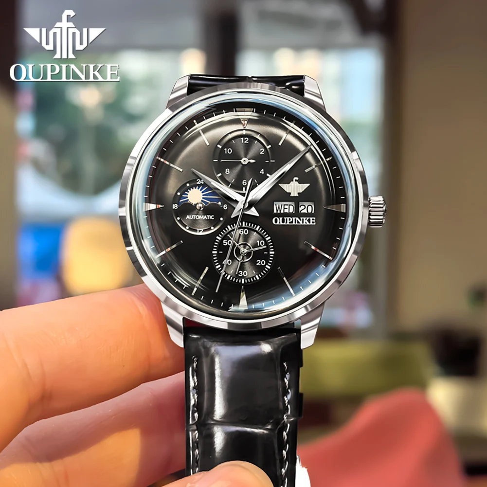 OUPINKE 3309 メンズ腕時計 レザーストラップ オリジナル多機能機械式時計 ﻿   防水ムーンフェイズ腕時計男性ギフト用