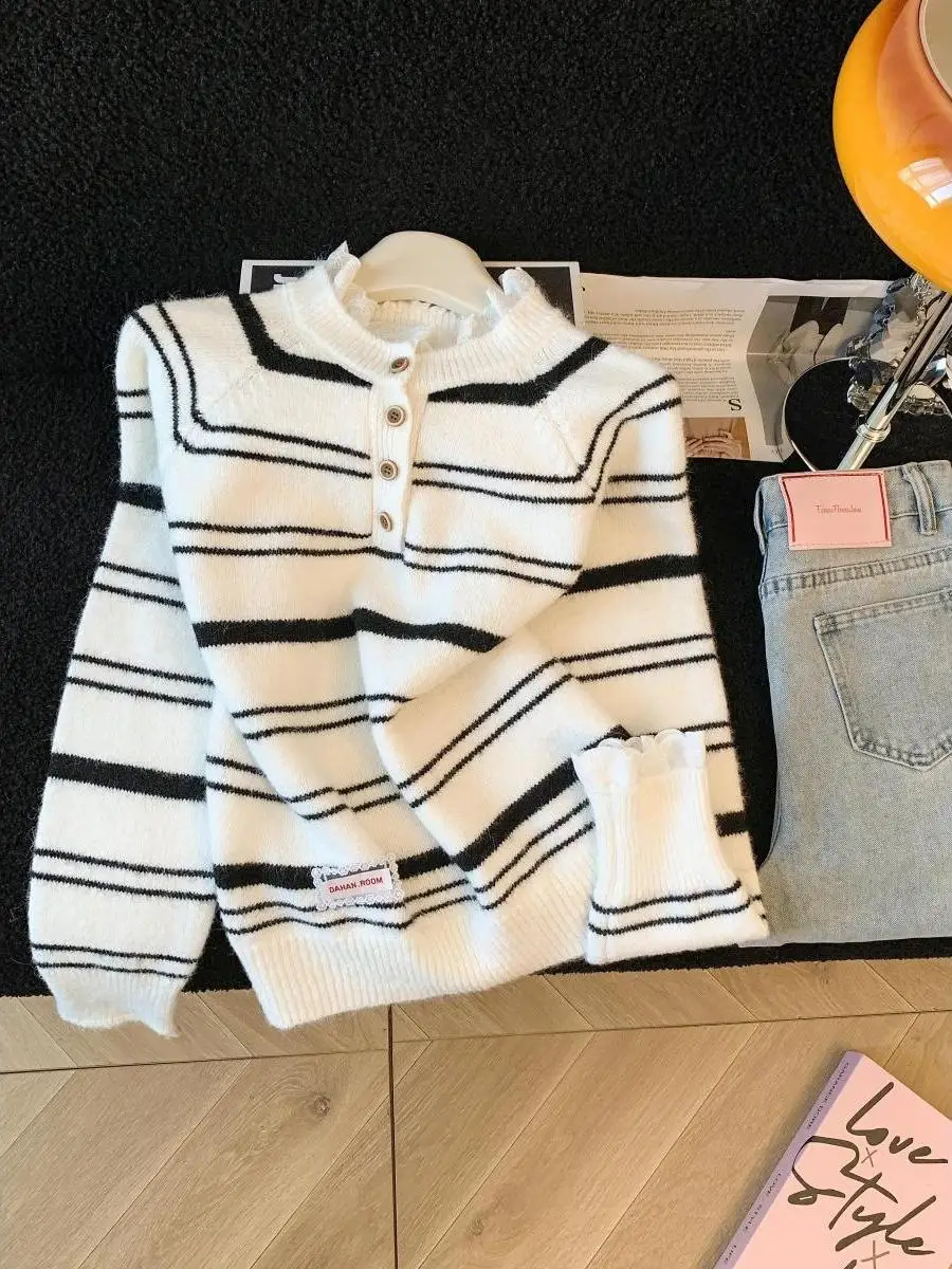 

Korean Sle Lazy Soft Mismatched Color Striped Fake Two-Piece Sweater Women's Loose Slimming Knitted Top for Autumn Winter