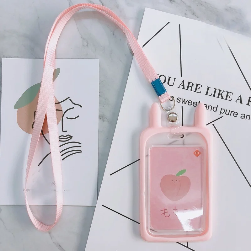 

Cartoon Cat Silica Gel Card Cover Work ID Badge Business Credit Card Holder Protector Case Student Bus Card Holders with Lanyard