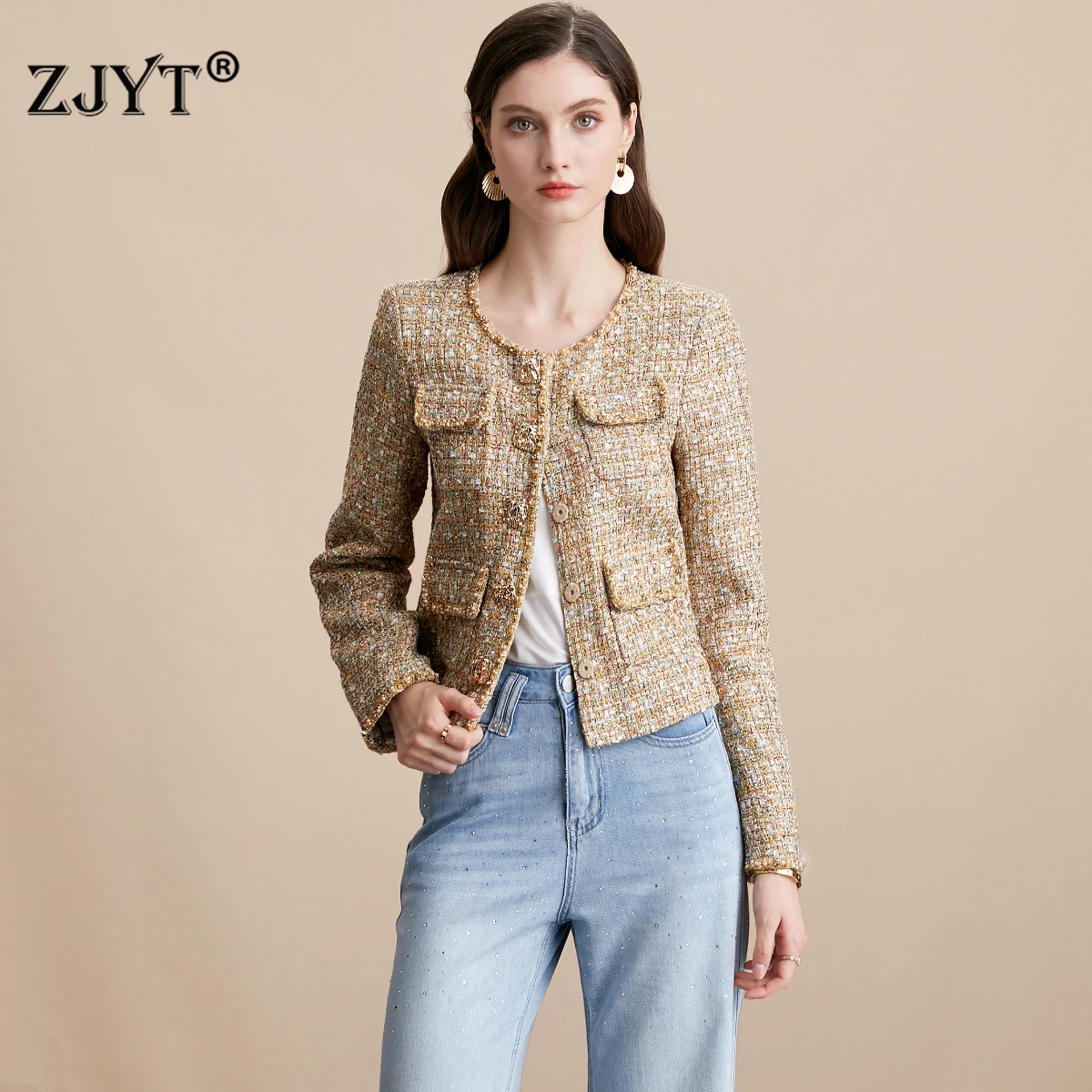 

ZJYT Autumn Winter Women's Tweed Woolen Jackets Coats Female O Neck Single Breasted Short Outerwears Elegant Woman Clothes 2025