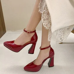 New Buckle Strap Woman Wedding Shoes Heels Sandals Patent Leather Pointed Toe Ladies Sexy White Red Platform Pumps Womens Shoes