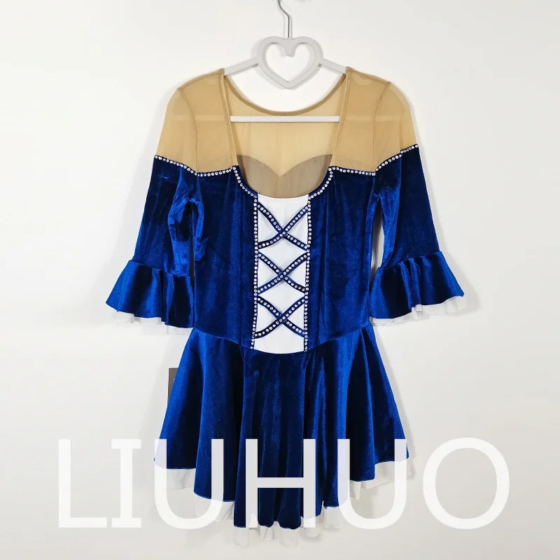 LIUHUO Sukienka do Łyżwiarstwa Figurowego Dziewczęca Damska Młodzieżowa Elastyczna Spandex Niebieski Aksamit Konkurs Hurt