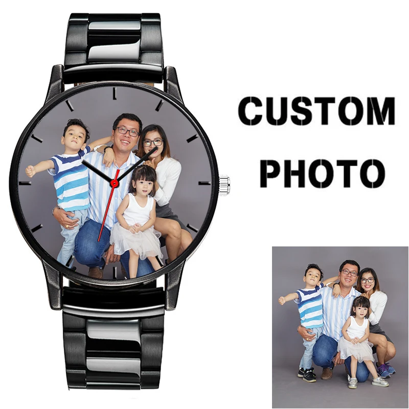 Orologio da polso da uomo classico in acciaio inossidabile tono nero con marchio personale personalizzato orologio con foto di famiglia regalo