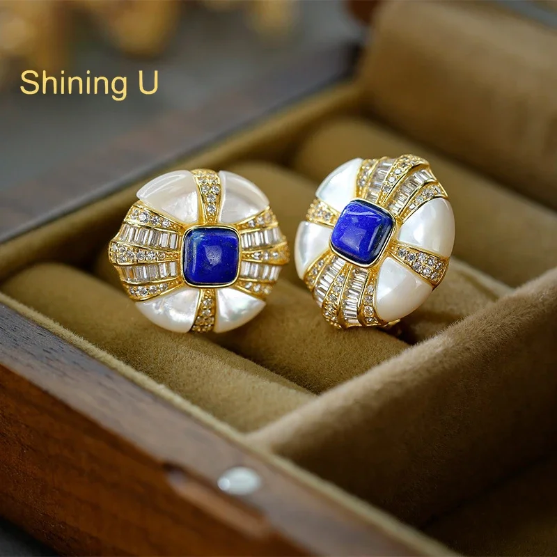 Shining U S925 Silver White Shell Lapis Lazuli Stud Earrings for Women Fine Jewelry Anniversary