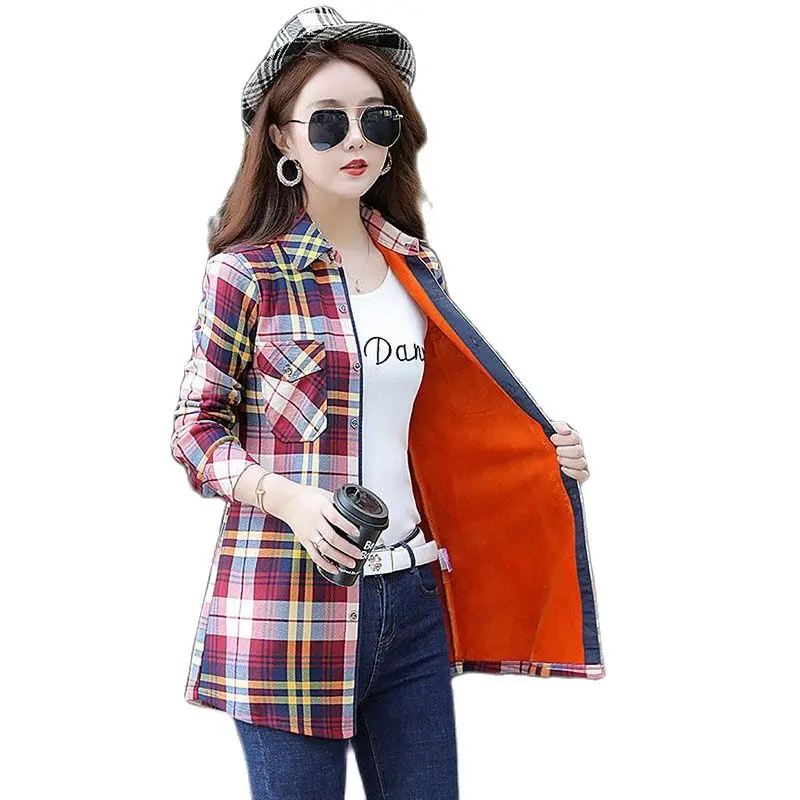 

2023 Winter Plaid Shirt Women Warm Long Korean Version Of the New Elastic Slim Fleece Middle-aged Thick Coat Women