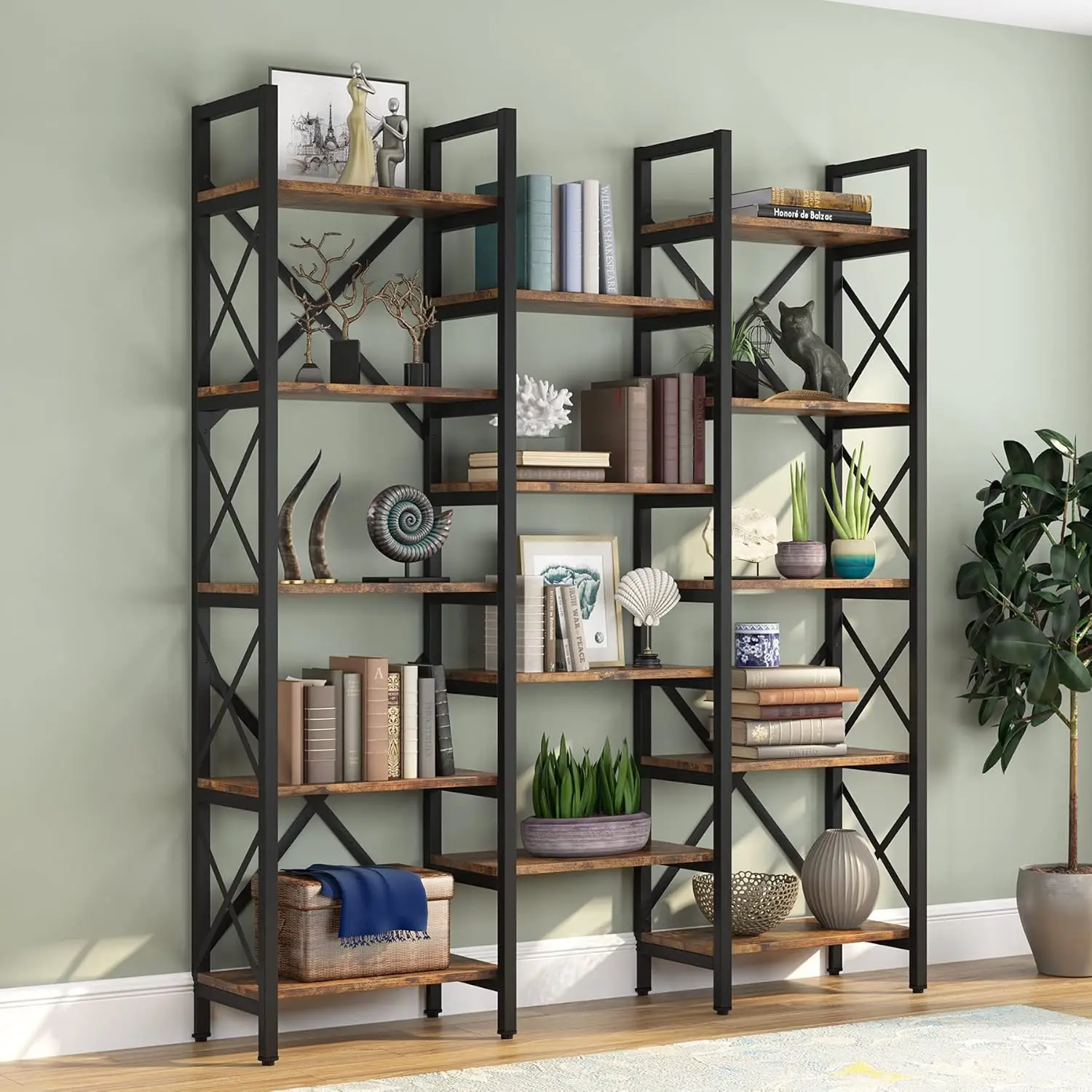 Triple Wide 5-Shelf Bookcase Etagere Large Open Bookshelf Vintage Industrial Style Shelves Wood and Metal bookcases Furniture