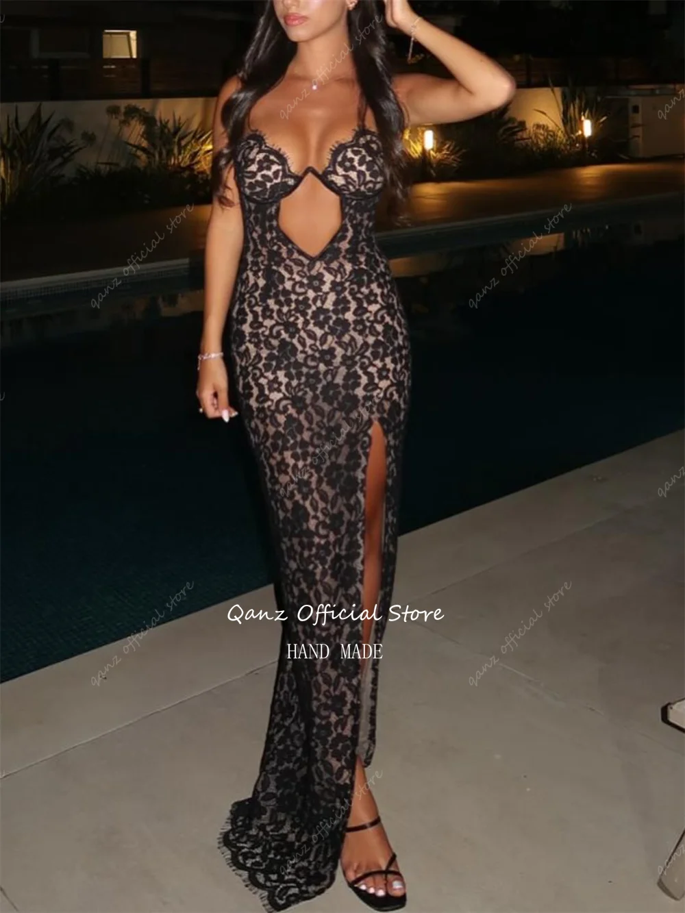 Qanz Black Chic Lace Appliques Prom Dresses Sweetheart Sexy High Leg Slit Evening Dress Women Vestidos De Gala Customized image 3
