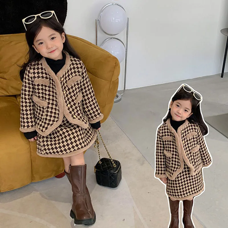 

Korean Children Clothes Plaid Tweed Girls Jacket Outerwear Elegant Thicken Chaqueta Loose Warm Casual Short Coat Birthday Party