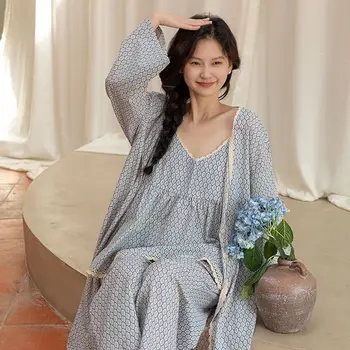 Women Spring Summer 3 Pcs Pajams Gown Set Female Sweet Geometric Printed Robe Top Pants Home Clothing Casual Loose Nightdress