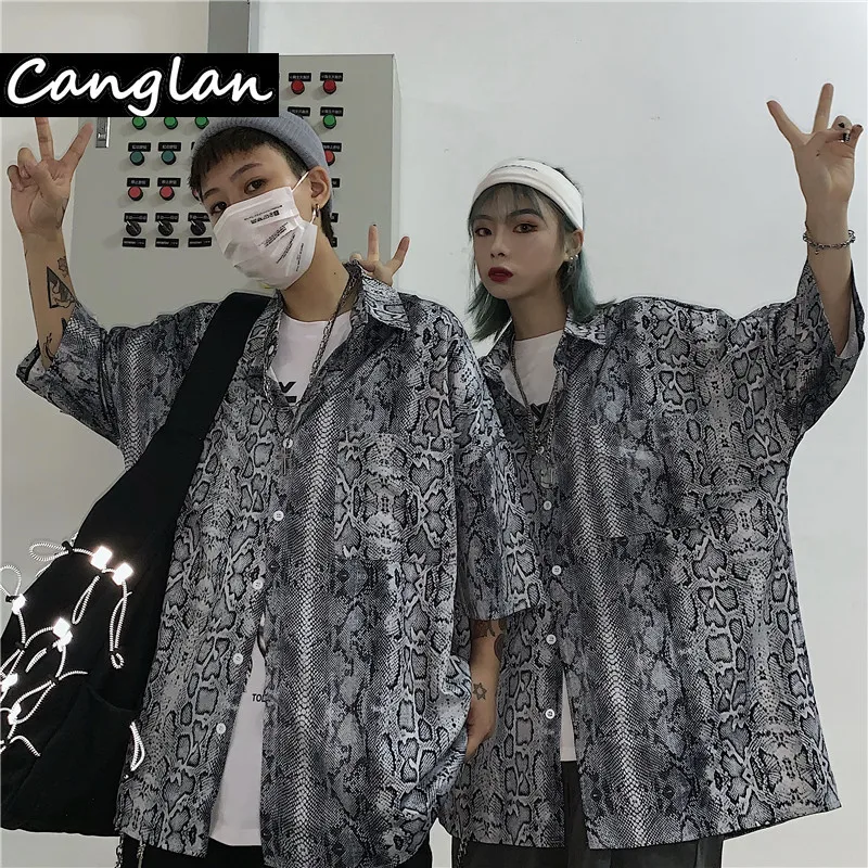 Men Women Vintage Snake Print Shirt Button Up Shirt Big Streetwear Long Loose Short Sleeve Gothic Goth Dropship 2022