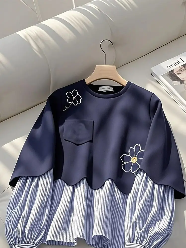 2025 autumn new popular American loose lazy chic top navy blue fake two-piece crew neck sweater women