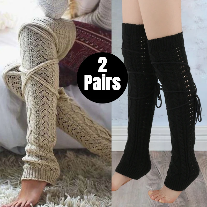 Frauen 2 Paar Neue Gestrickte Bein Warme Lange Socken 2024 Herbst Winter Einfarbig Knie Über Socken Set Hohl Spitze strap Lange Röhre