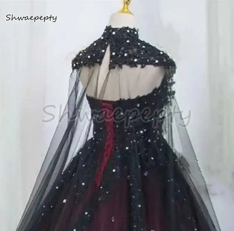 Gothic Wedding Dress Black And Burgundy A Line Wedding Gown With Long Wrap Lace Appliques Beaded vintage Vestido Customized