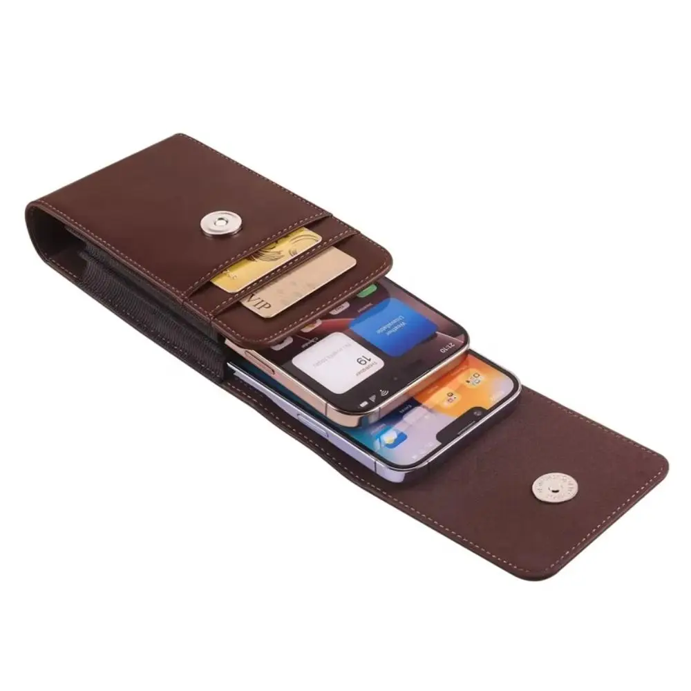 Solid Color Cell Phone Belt Pouch Vertical Flip Case Dual Pouch Design Waist Bag Waterproof Cards Holder