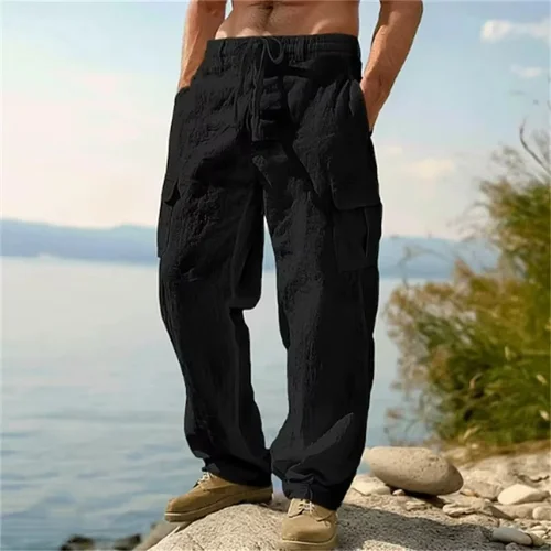 Imagen 2 del producto Pantalones informales para hombre, pantalones cargo holgados y cómodos, pantalones rectos con múltiples bolsillos de lino y algodón para hombre, pantalones finos de playa para hombre