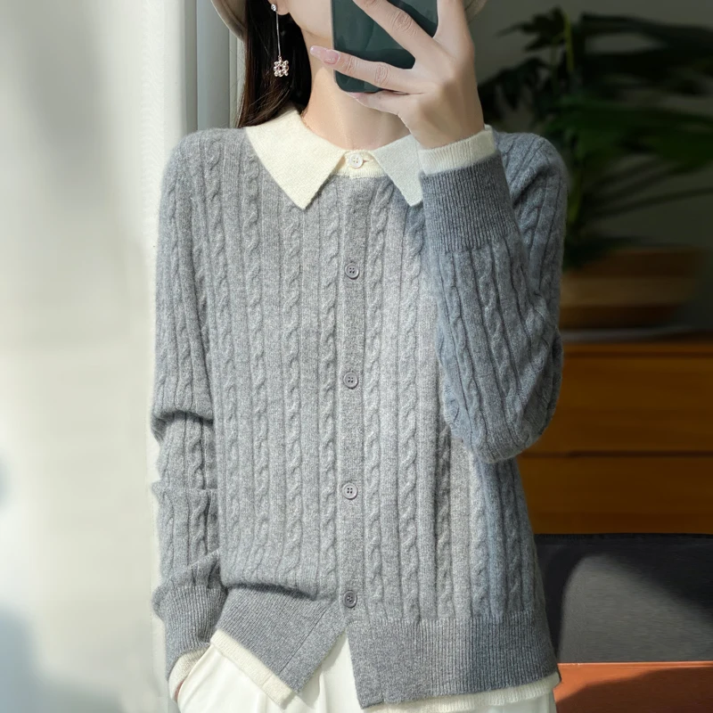 100% merino wool women\'s cardigan polo neck color matching fake two piece twisted loose fashion knit bottoming long sleeve top