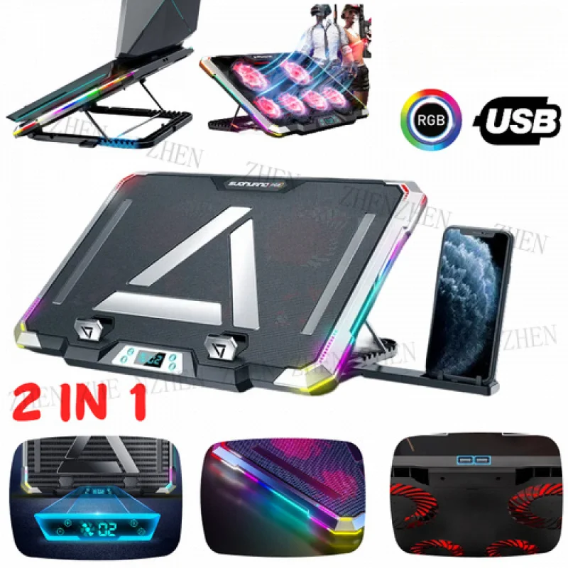 

Y 2IN1 Laptop Cooler Pad Notebook Radiator Cooling Fan Stand Phone Holder RGB USB