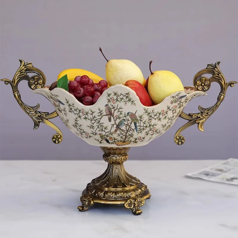 Soft jewelry European and American new Chinese style tall binaural alloy ceramic large fruit plate creative ornament