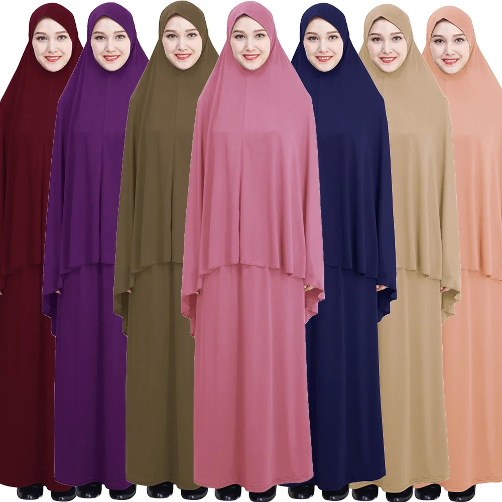 Islmaic Abaya Musulmano 2 Pezzi Set Khimar Abaya Abito Top Gonna Arabo Preghiera Indumento Donne Hijab Caftano Modesto Caftano Veste TUTA