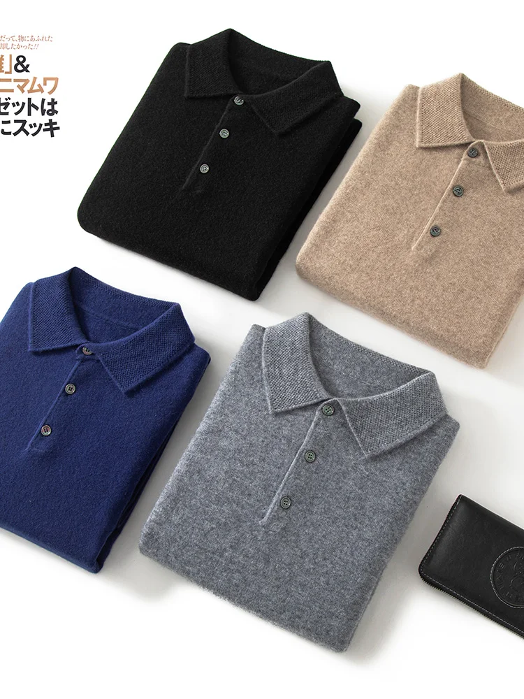 M.Chic Polo Collar Men's Smart Casual Pullover 100% Cashmere Knitted Sweater High Quality Autumn Winter Fashion Soft Comfort Top