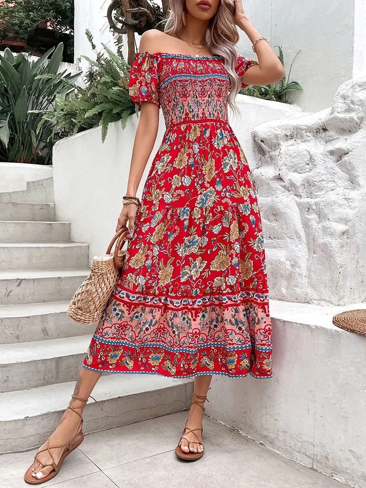 JIM & NORA Women Boho Print Midi Dresses Summer Vintage Bohemian Short Sleeve Female Beach Holiday Party Vestidos