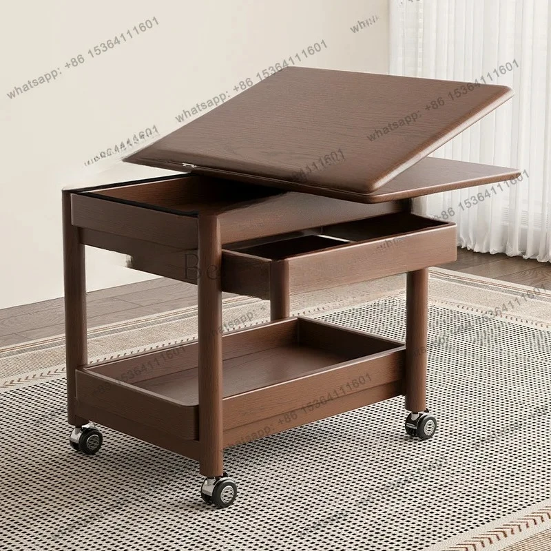 Q 12Ash wood mobile cart solid wood coffee table multi-functional folding telescopic sofa storage side table