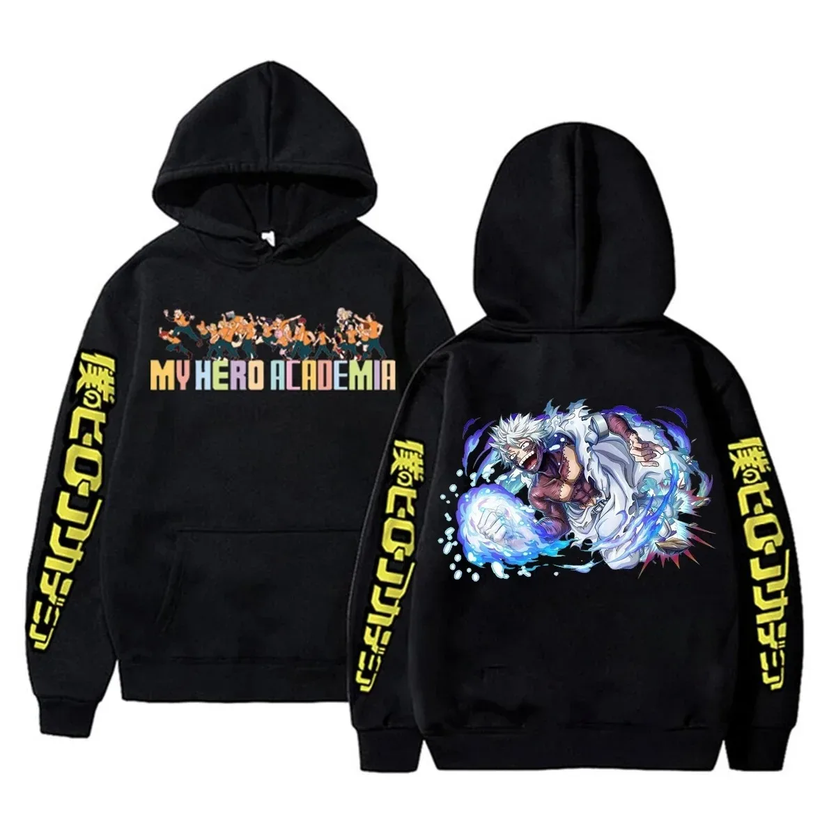 Black My Hero Academia Double-Sided Hoodie – Front "MY HERO ACADEMIA" Text + Character Group Graphic, Back Mirio Togata