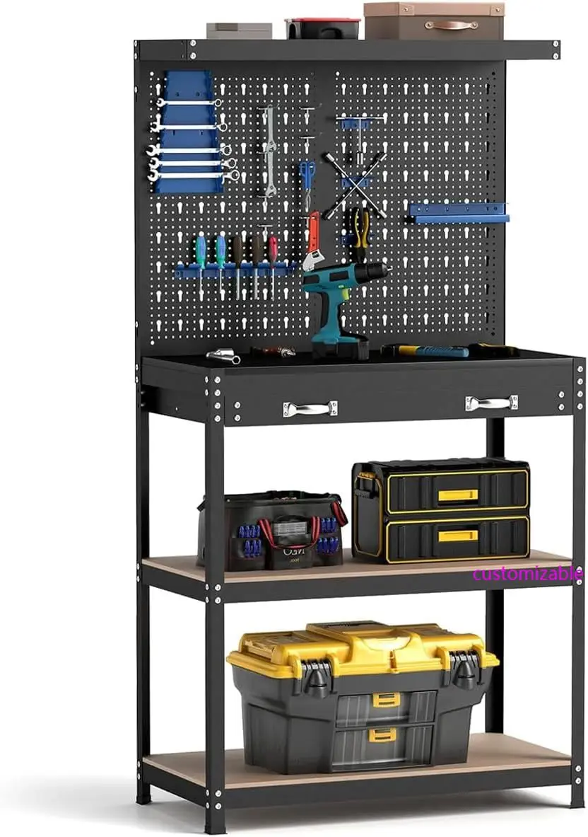 

48”x24” Garage Work Bench, Heavy Duty Work Table with Drawers, Pegboard, 965LBS Capacity,25 Hanging Accessories Metal Tool Bench