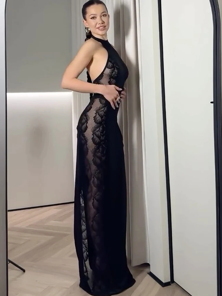 JULISSA MO Patchwork Sexy dentelle transparente licou femmes robe Maxi dos nu taille haute robe hiver maigre élégant robe de soirée