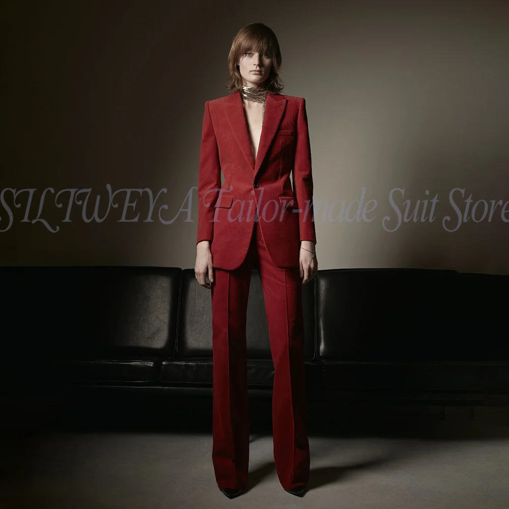 Smart Causal Suit For Women 2 Pieces Jacket Pants Slim Fit Single Breasted Peak Lapel Office Red Blazer Set Conjuntos De Mujer