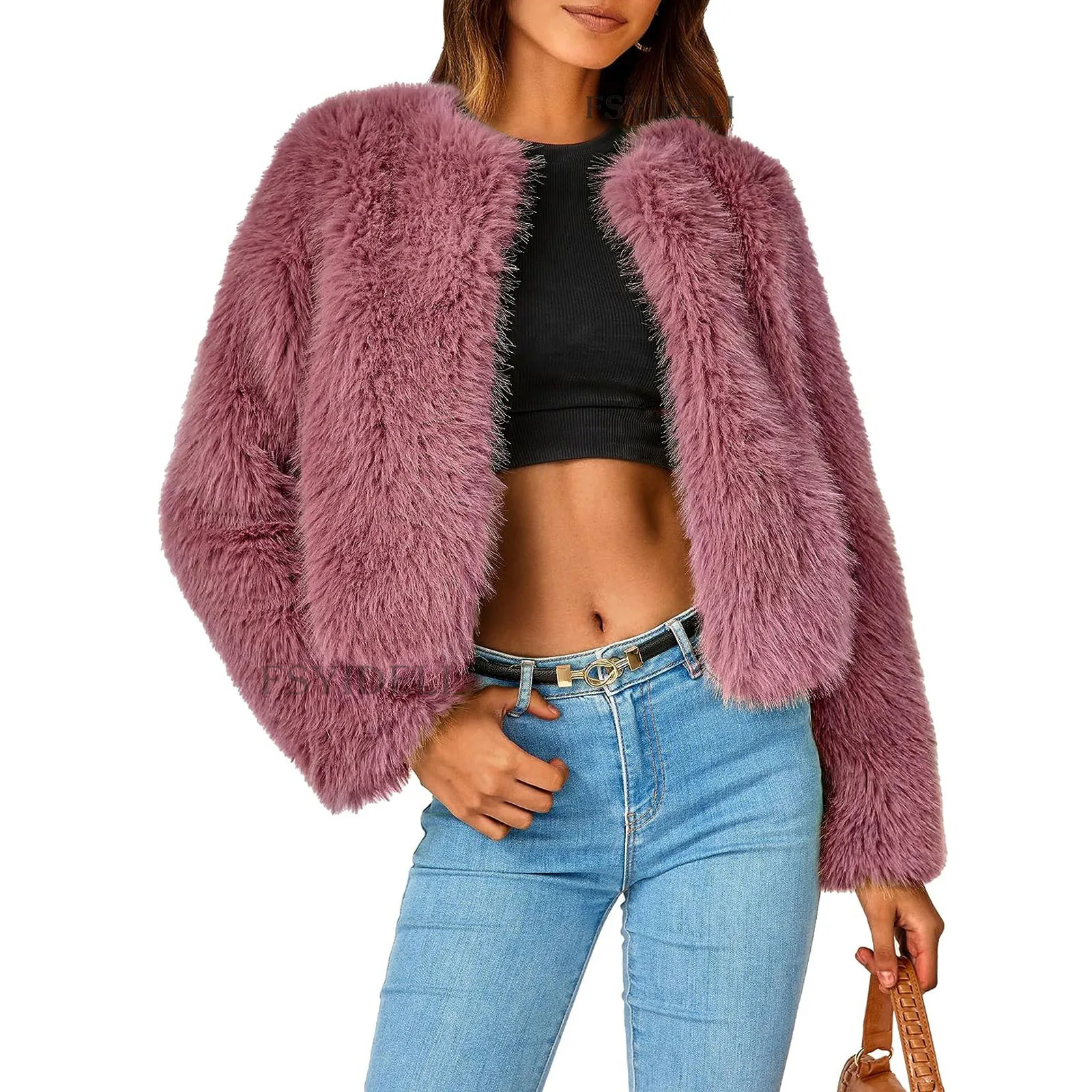 Women 2023 Winter Coats Fleece Jacket Faux Fur Long Sleeve Open Front Shaggy Warm Outerwear White Pink Green Khaki Fall Clothes