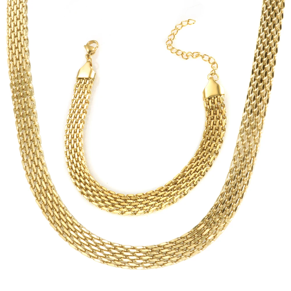 

JINHUI Minimalist Stainless Steel Gold Color Mesh Necklace Wacthband Chain Bracelet For Women Men Jewelry Set Waterproof