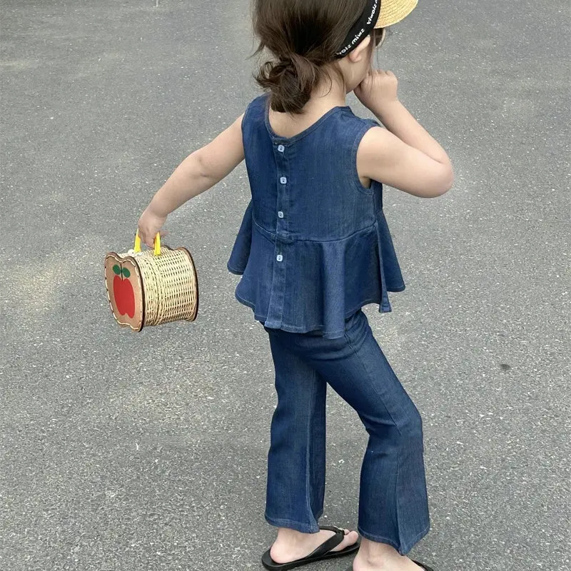 Humor Bear Girls Summer Clothing Single Breasted Denim Top And Flare Pants Fashionable Casual WearTwo-piece Set