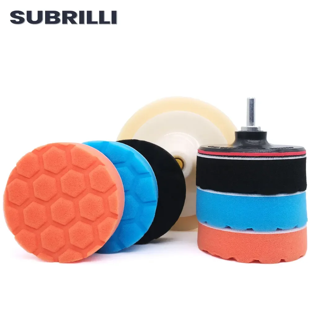 SUBRILLI-cera de 4/6 pulgadas para disco de pulido de coche, Kit de almohadillas de esponja de espuma para rueda, disco de limpieza, adaptador de taladro pulidor de coche