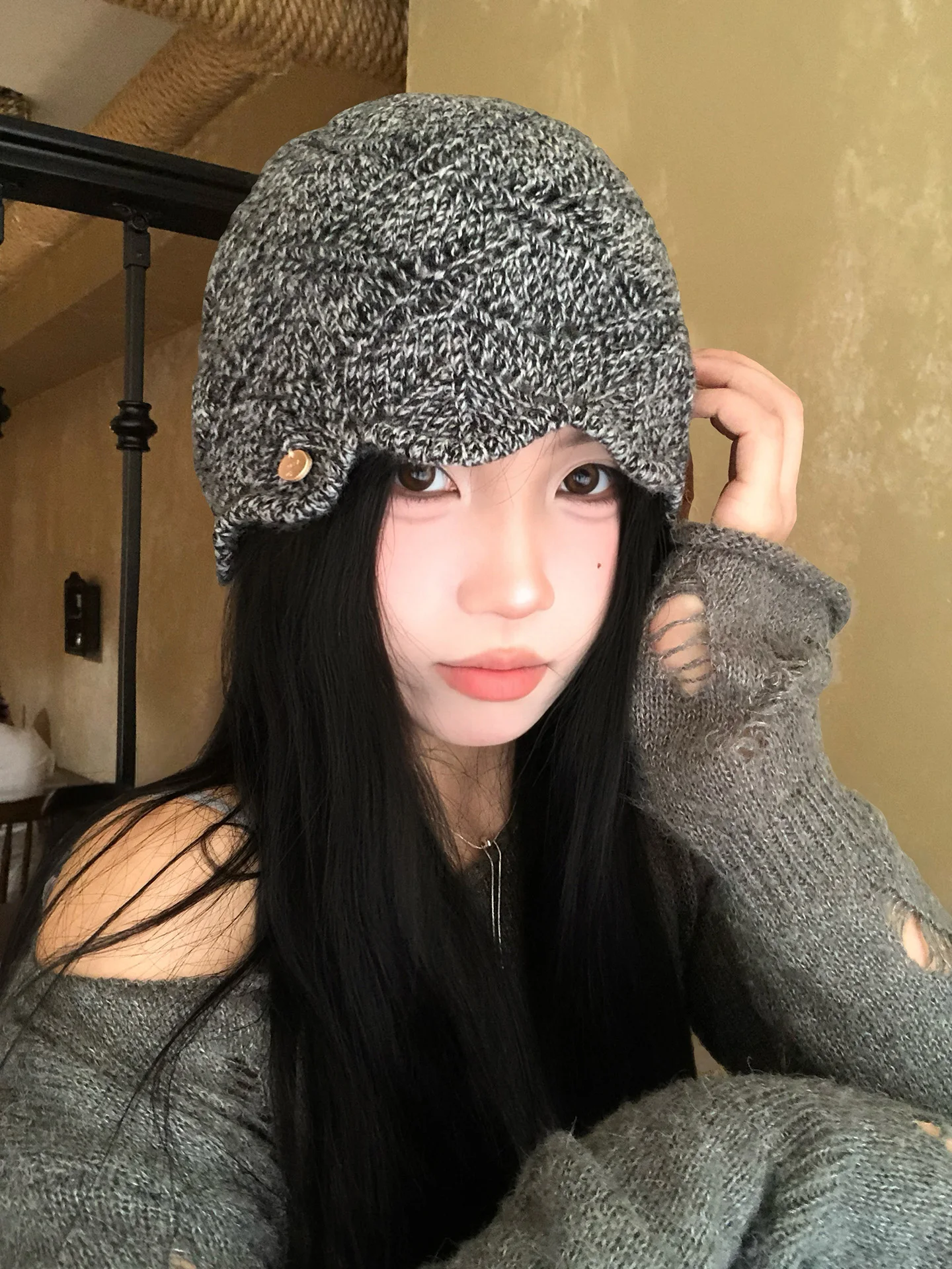 Korean Style Knitted Twist Hollow out Turtleneck Hat Women's Early Autumn Versatile Atmosphere Cold Cap Large Head Size Overh...