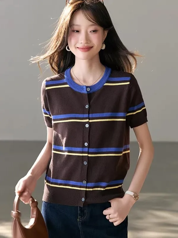 Retro Striped Short Sleeve Knitted Open Cardigan Women's Summer 2026 New High Fashion Slim round Neck Top Quality Chinese Pro...
