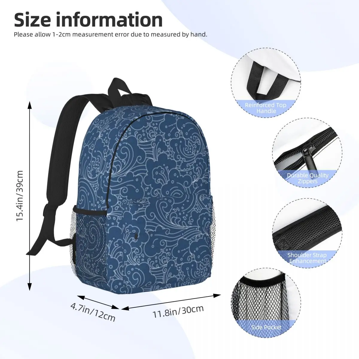 Sac à dos étanche de grande capacité pour filles et garçons, sac à dos étudiant léger, style japonais, vagues, 15 po