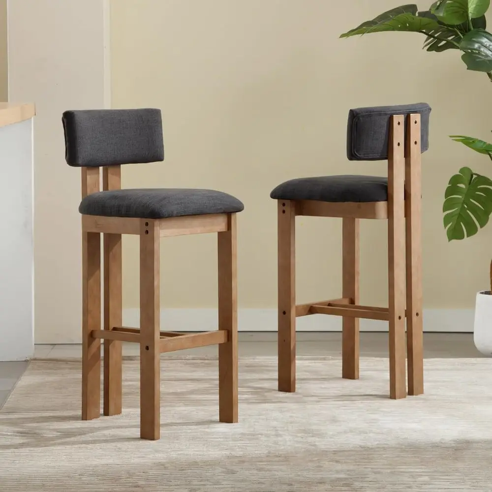 

Комплект из 2 льняных барных стульев с обивкой из ткани цвета угольно-черный, на деревянной основе, с подставкой для ног, для кухонного острова/домашнего бара