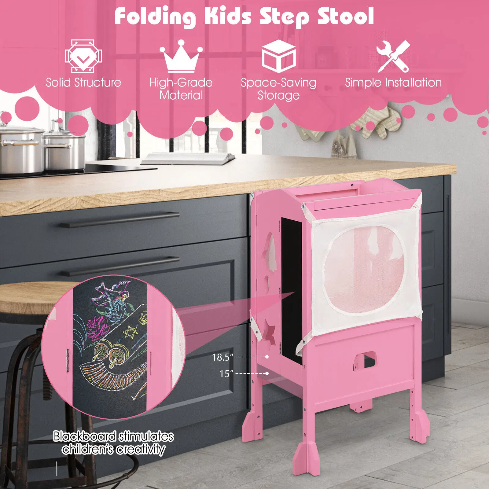 Costway-taburete plegable de madera para cocina de niños, con altura ajustable y red de seguridad