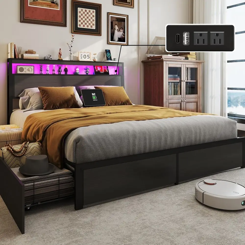 Cama de plataforma de metal cinza rústico com armazenamento de 2 níveis, LED e estação de carregamento, sem necessidade de estrado, fácil montagem